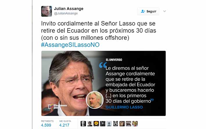 El mensaje que publicó Julian Assange en su cuenta de Twitter