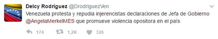 La canciller venezolana, Delcy Rodríguez responde a Angela Merkel en su cuenta de Twitter.