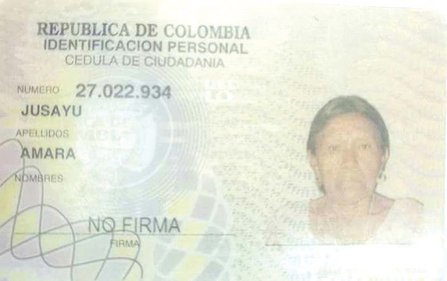 La cédula colombiana de la adulta mayor Amara Jusayú.