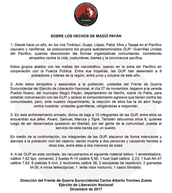 Comunicado sobre los hechos de Magüí Payán suscrito por la Dirección del Frente de Guerra Suroccidental Carlos Alberto Troches Zuleta del Eln.