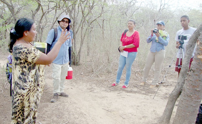 Luz Eliana Ipuana, cuando le explicaba a los periodistas, de que se trata la ruta del sendero de Mainshirrutshi, lugar donde los turistas podrán observar los diferentes lugares, al igual que las aves propias de esta tierra.