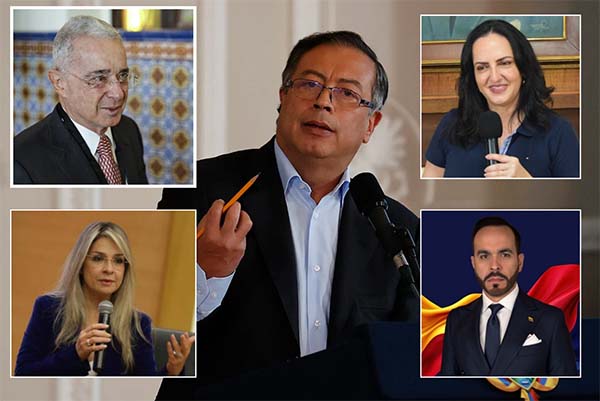 Gustavo Petro, Presidente de Colombia; Vicky Dávila, Maria Fernanda Cabal, precandidatas presidenciales; Abelardo De La Espriella, abogado y líder de la oposición. 