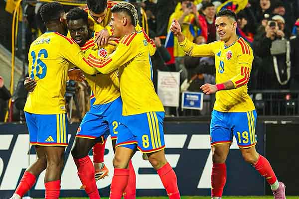 Jugadores de la selección Colombia celebrando un gol en un partido amistoso de preparación para el mundial. Foto Federación Colombiana de Fútbol 