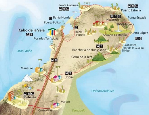 El departamento de La Guajira limita al norte y este con el mar Caribe (océano Atlántico).
