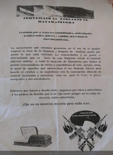 Este es el panfleto que apareció en días recientes en el municipio de Fonseca.