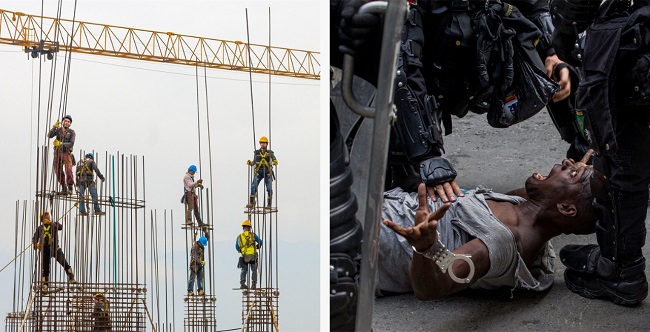 De izquierda a derecha está la foto de Liliana Ochoa, que es la imagen ganadora en la que muestra el seguimiento realizado a un edificio que construían en Medellín. La otra foto fue tomada por Santiago Mesa, en la que muestra un vendedor ambulante detenido por la policía antimotines
